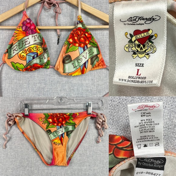 ED HARDY Vintage Y2K  True To My Love Edgy String Bikini Set Large Tattoo‎ Swim - Picture 1 of 15